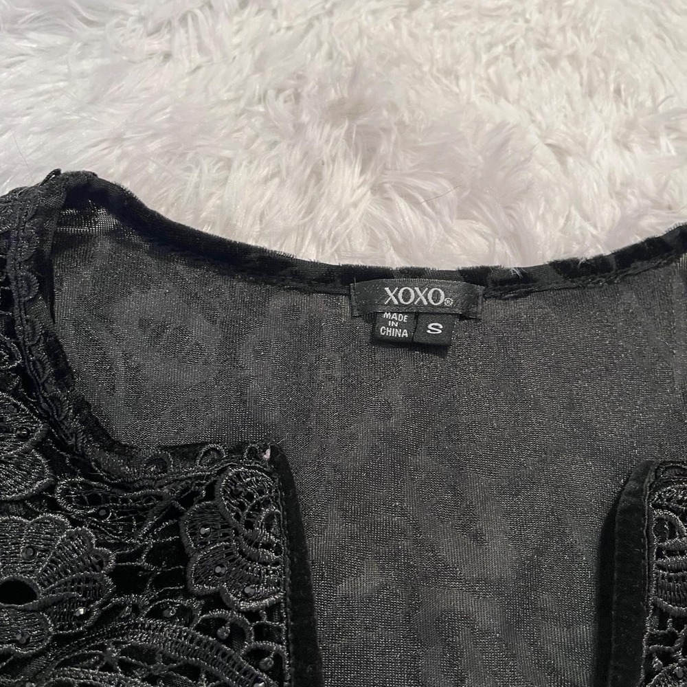 y2k black velour floral lace v neck top small - Picture 4 of 8